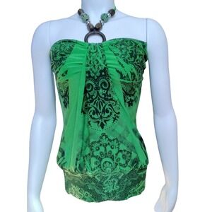 Yo Yo 5 Womens Green Black Damask Print Halter Top Beaded O-Ring T126 Medium